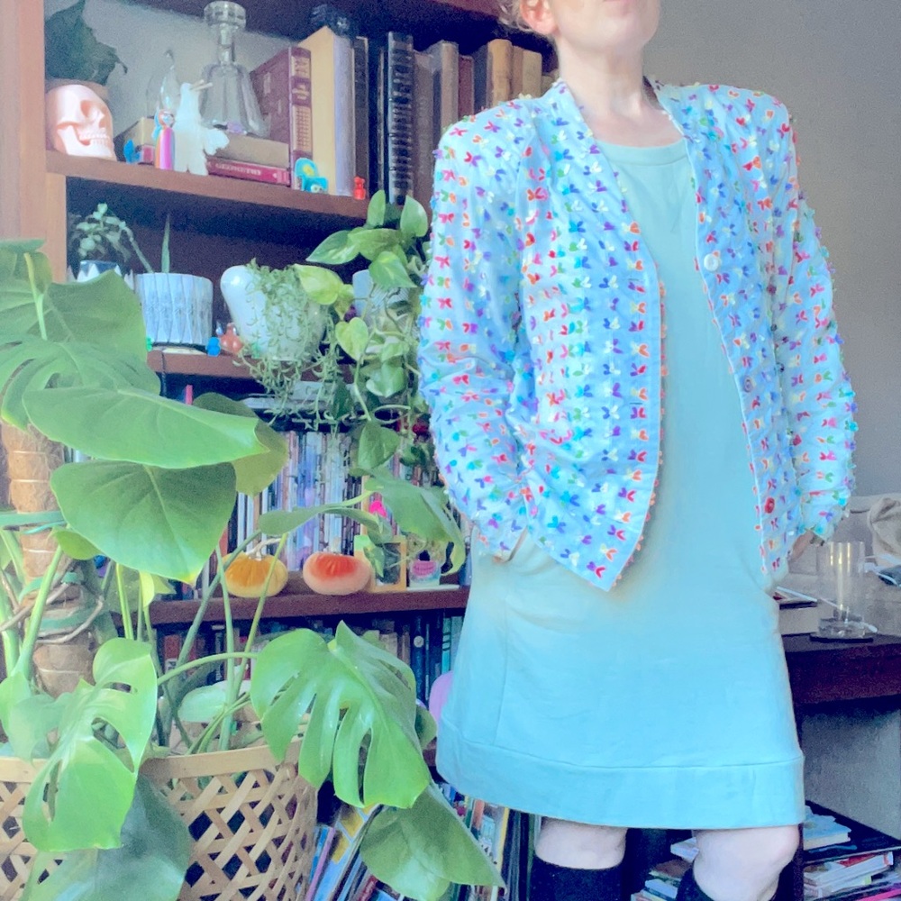Vintage blue rainbow cotton ribbon cardigan